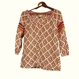 Lucky Brand light weight cotton top medium 3/4 sleeve diamond print
